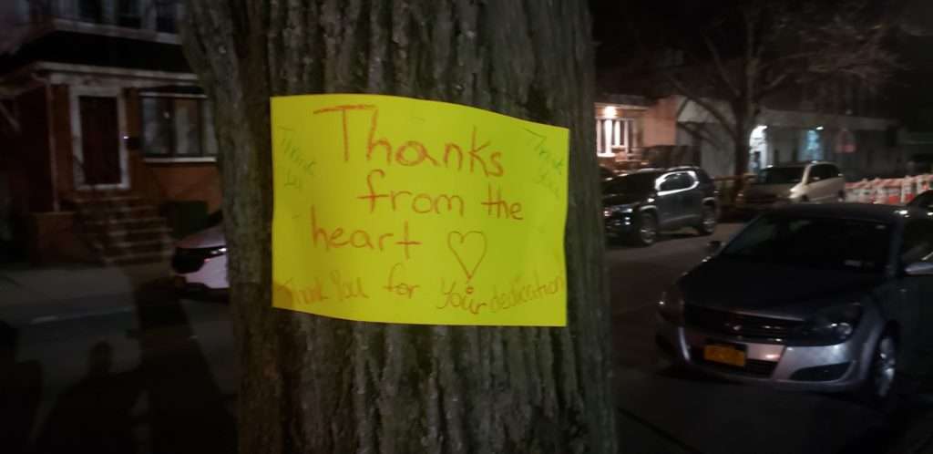 Message of hope and appreciation outside of Mt Sinai Brooklyn Hospital