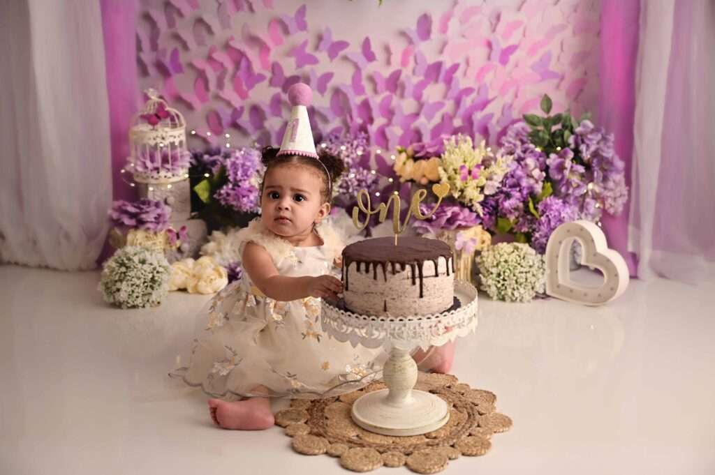 cake smash purple butterflies session