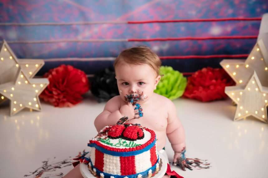 First Birthday Rocky Italian Stallion MMA, first year milestone photographer, NYC cake smash photos, Brooklyn baby photography