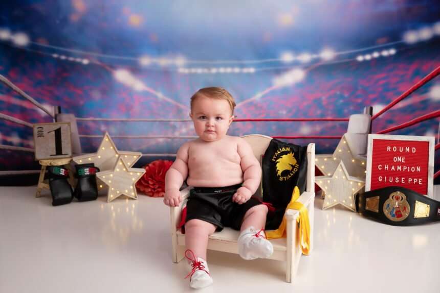 First Birthday Rocky Italian Stallion MMA, first year milestone photographer, NYC cake smash photos, Brooklyn baby photography