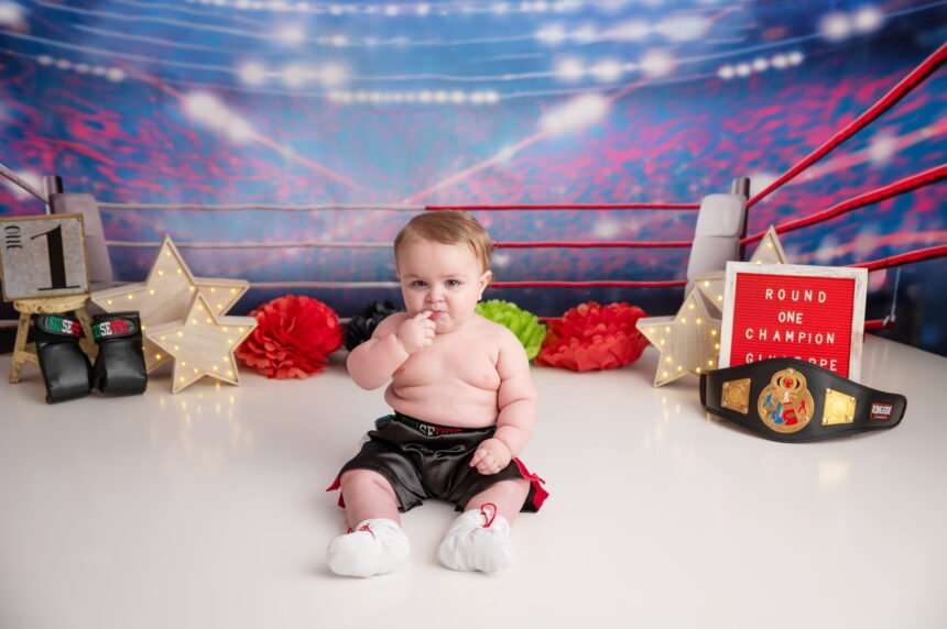 First Birthday Rocky Italian Stallion MMA, first year milestone photographer, NYC cake smash photos, Brooklyn baby photography